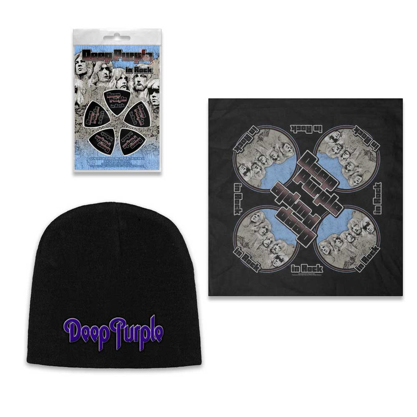 Deep Purple Officially Licensed Band Merch Gift Set - 1 Embroidered Beanie, 1 Bandana, 1 Set of Five Guitar Picks