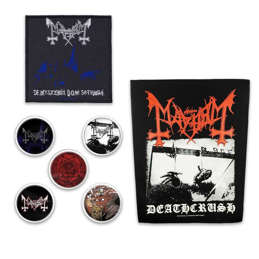 Mayhem Officially Licensed Band Merch Gift Set - 1 Back Patch, 1 Set of Five Button Badges, 1 Standard Woven Patch