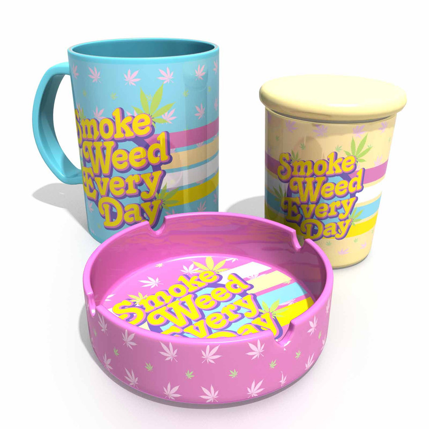 Smoke Weed Everyday Buzz Mug Trifecta 3pc Set - 16oz Coffee Mug, 6oz Stash Jar, & Ashtray