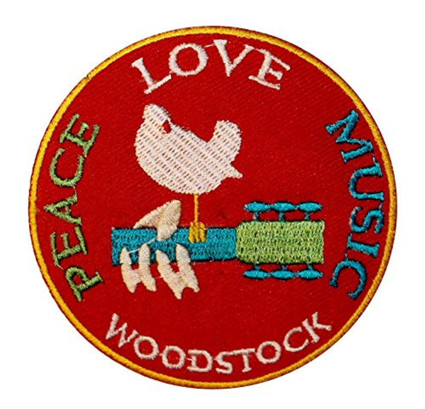 Woodstock - Peace Love Music - Iron On Embroidered Patch 3.25" Round Image