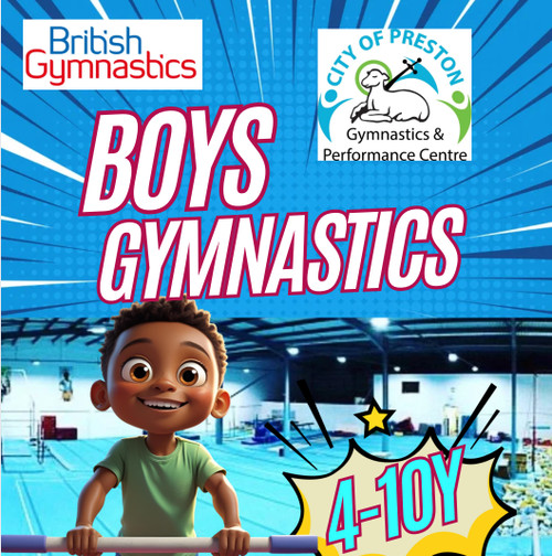City of Preston Gymnastics Club boys gymnastics poster for ages 4 to 10 years. Cartoon boy smiling while holding the parallel bars, with British Gymnastics and club logos above, blue starburst background. City of Preston Gymnastics Club boys gymnastics poster for ages 4 to 10 years. Cartoon boy smiling while holding the parallel bars, with British Gymnastics and club logos above, blue starburst background.