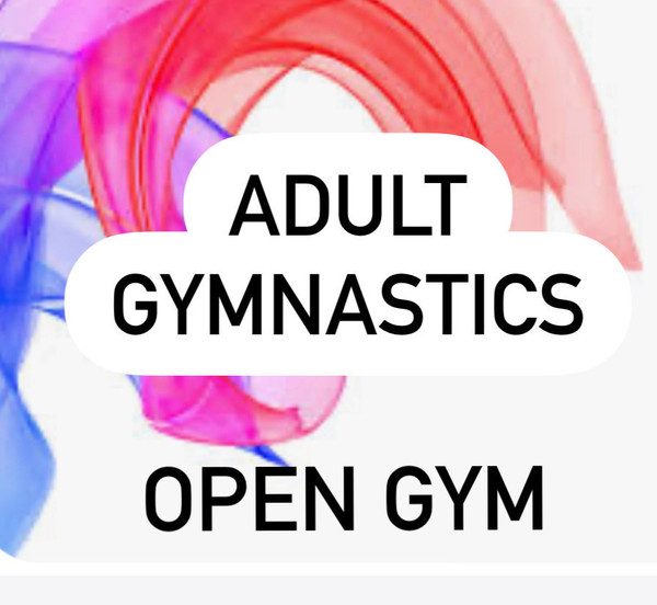 Adult Gymnastics Open Gym promotional graphic for City of Preston Gymnastics Club, with abstract red, pink, and blue swirls in the background.