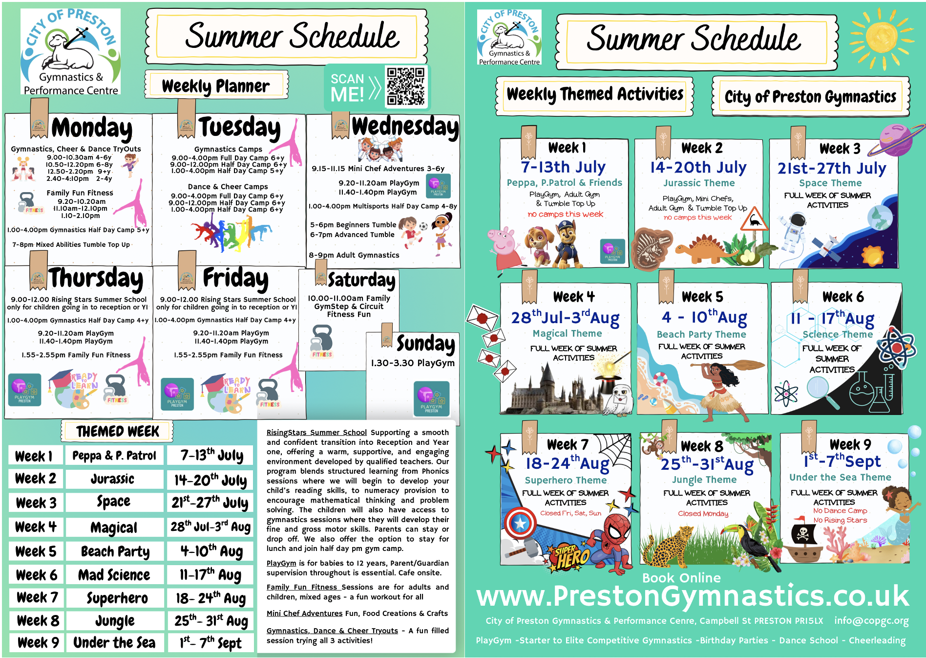 City of Preston Gymnastics Club Summer Holiday Programme 2025 – Full weekly schedule of children’s activities including gymnastics camps, PlayGym sessions, family fitness, dance and cheer, tumble classes, and Mini Chef Adventures. Themed weeks run from 7th July to 7th September with popular themes such as Peppa Pig, Jurassic, Space, Magical, Beach Party, Superhero, and Under the Sea. Activities are suitable for children aged 2–12 and take place at a purpose-built gymnastics centre in Preston, Lancashire.