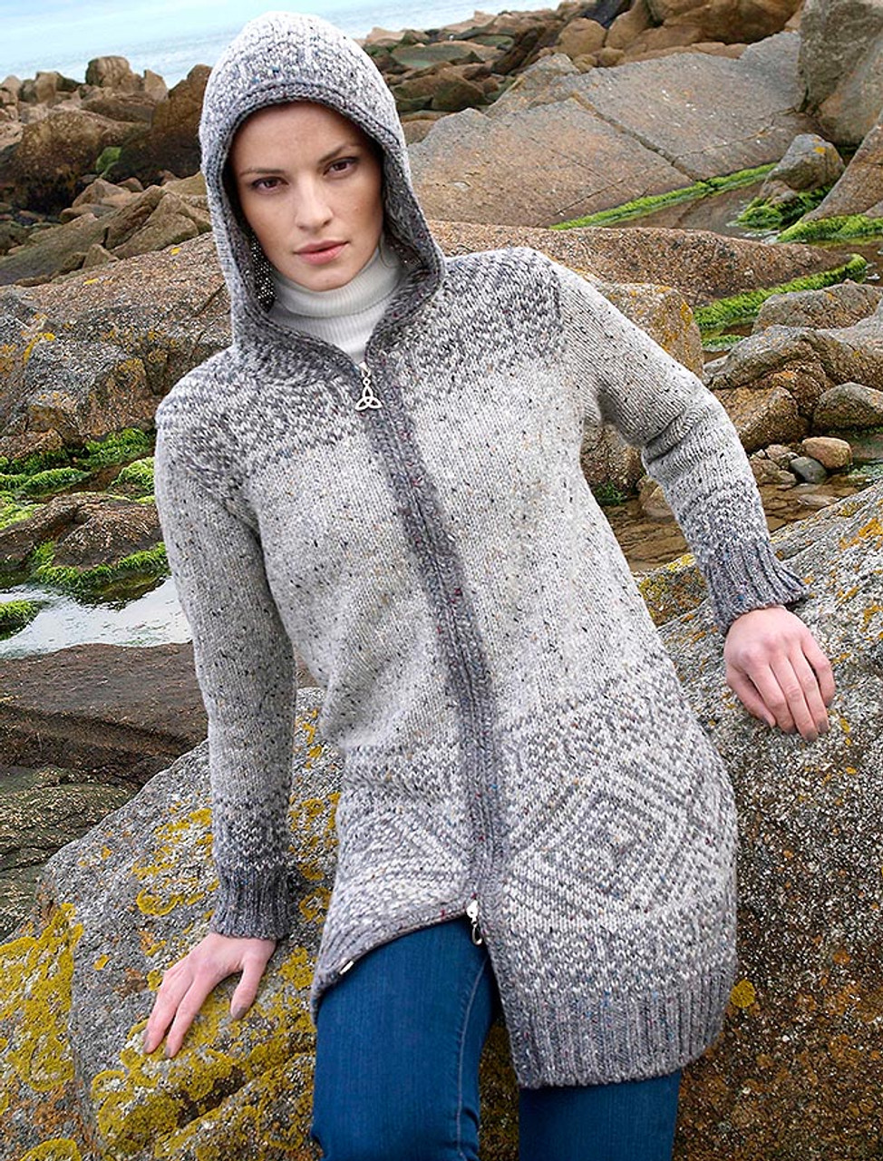 Ladies Fair Isle Long Hooded Coat with Celtic Knot Zipper Pull