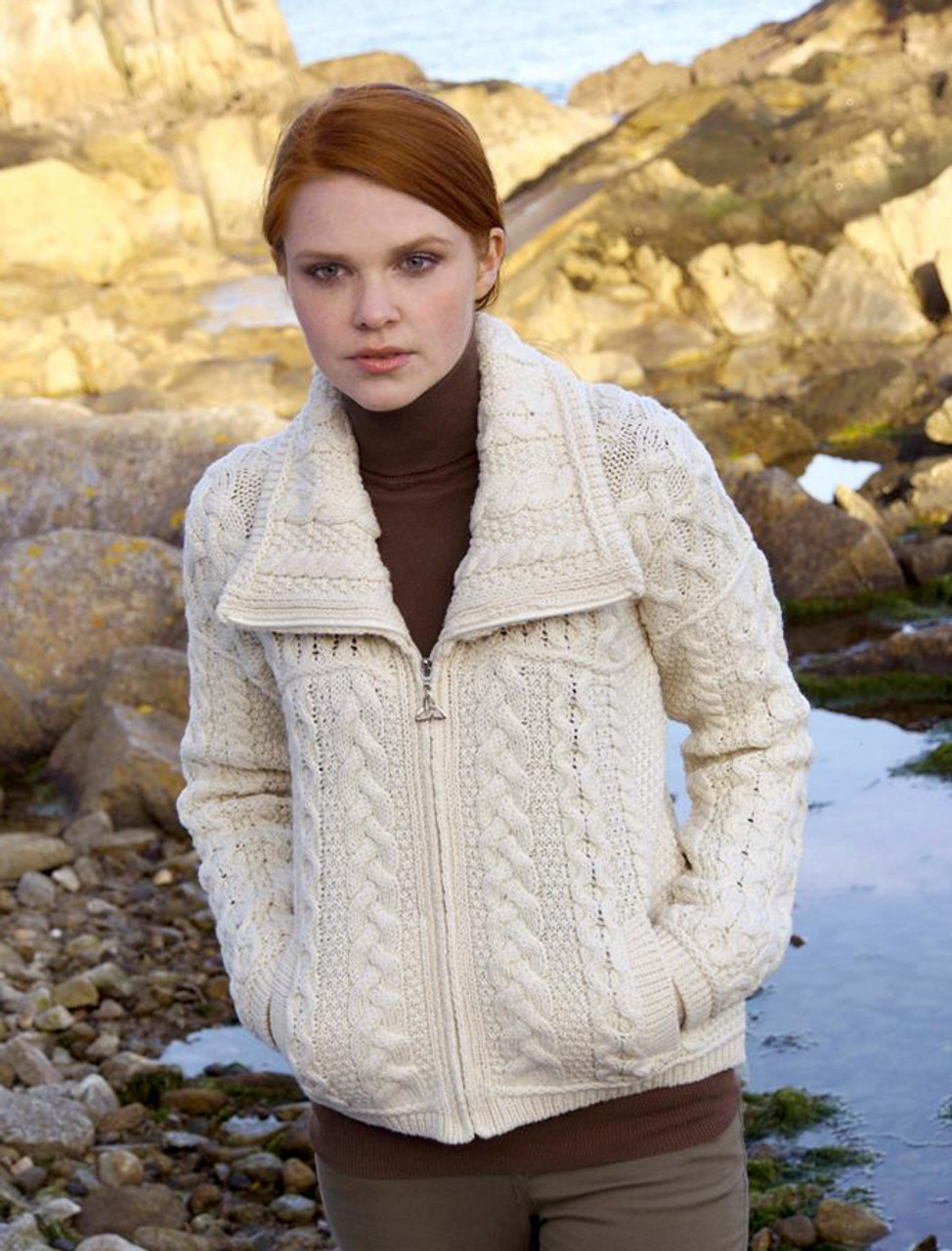 Double Collar Zip Merino Aran Cardigan