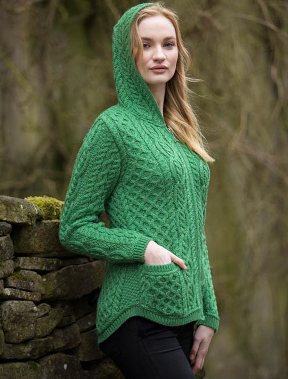 Ladies Aran Hooded Cardigan With Cladagh Zip