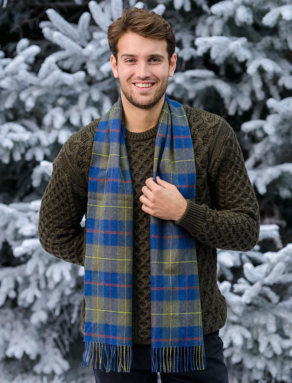 Long Blue Olive Plaid Narrow Lambswool Scarf | Aran Sweater Market