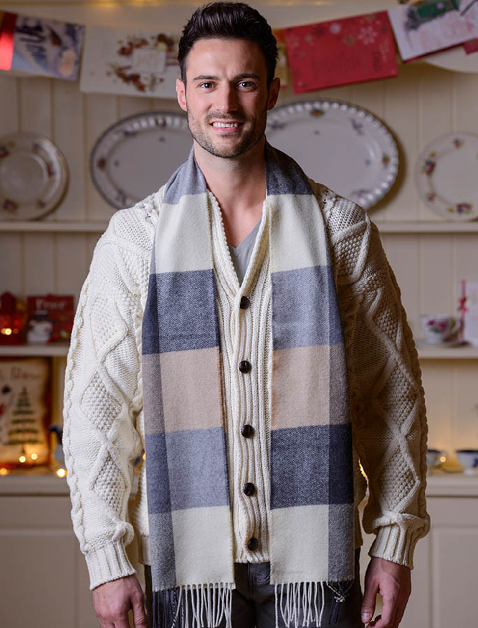 Fine Merino Check Scarf - Cream Grey Beige