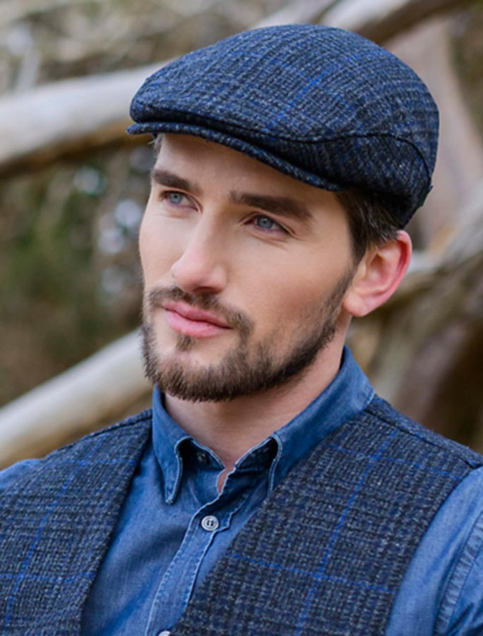 Trinity Tweed Flat Cap - Charcoal with Blue | Aran Sweater Market