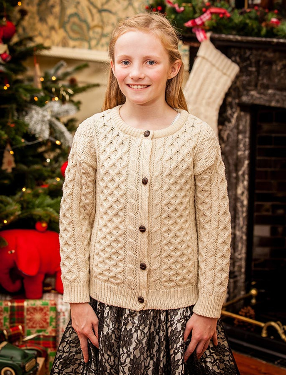 Kid's Traditional Aran Merino Wool Cardigan