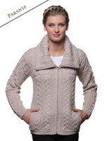 Double Collar Zip Merino Aran Cardigan - Parsnip Double Collar Zip Merino Aran Cardigan - Parsnip