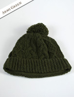 Aran Fleece Lined Rib Cap with Bobble - Army Green
