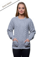 Cable Crew Neck Sweater with Pockets - Soft Grey