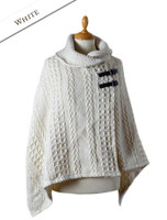 Shawl Collar Poncho with Leather Buckle Detail - White