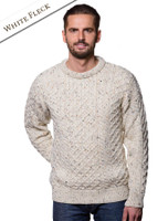 Mens Heavyweight Traditional Aran Wool Sweater - White Fleck