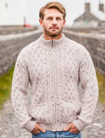 Diamond and Cable Knit Zip Cardigan with Pockets - Oatmeal