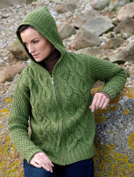 Women's Merino Wool Cable Knit Hoodie - Green