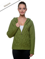 Women's Merino Wool Cable Knit Hoodie - Green