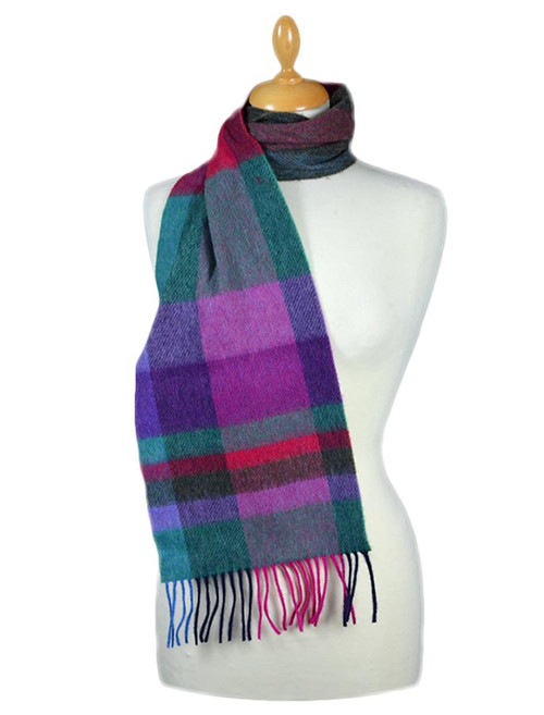 Narrow Lambswool Plaid Scarf - Green Fuschia