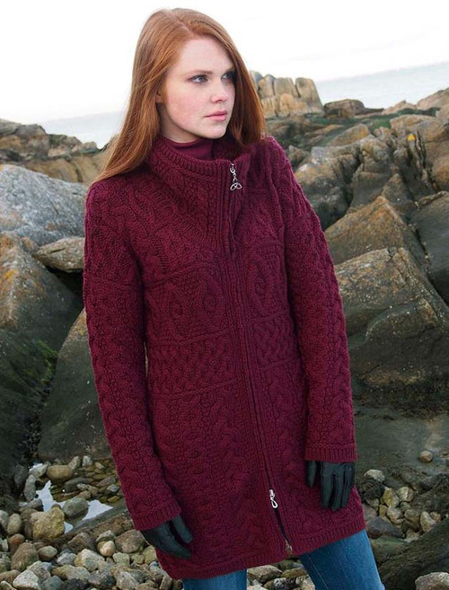 Womens Merino Wool Full Zip Irish Sweater