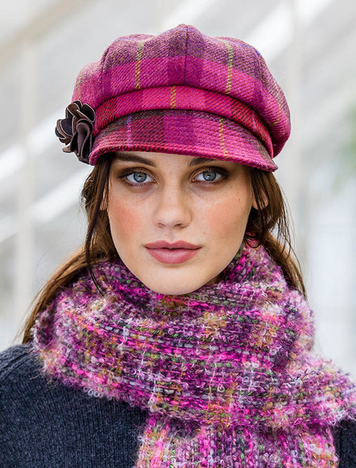 Ladies Tweed Newsboy Hat - Pink Plaid