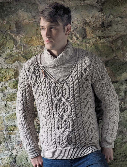 Aran Zip Shawl Neck Sweater - Oatmeal Aran Zip Shawl Neck Sweater - Oatmeal