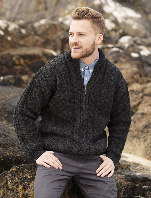 Men's Aran Zip Cable Knit Cardigan - Charcoal