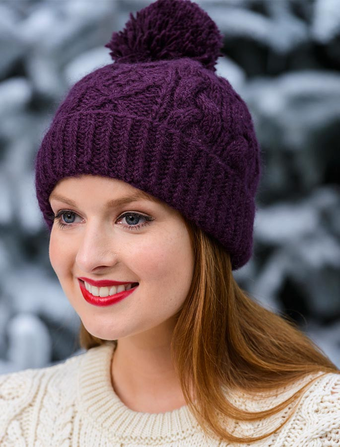 Aran Fleece Lined Rib Cap with Bobble - Purple