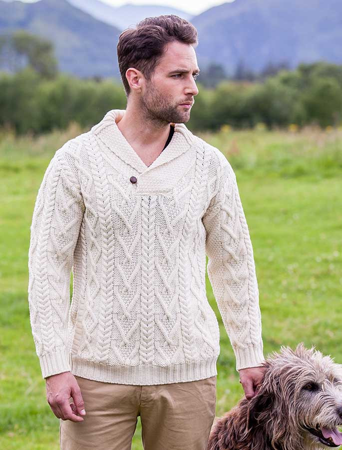 Shawl Collar Sweater - One Button Fisherman Sweater - Natural White Shawl Collar Sweater - One Button Fisherman Sweater - Natural White