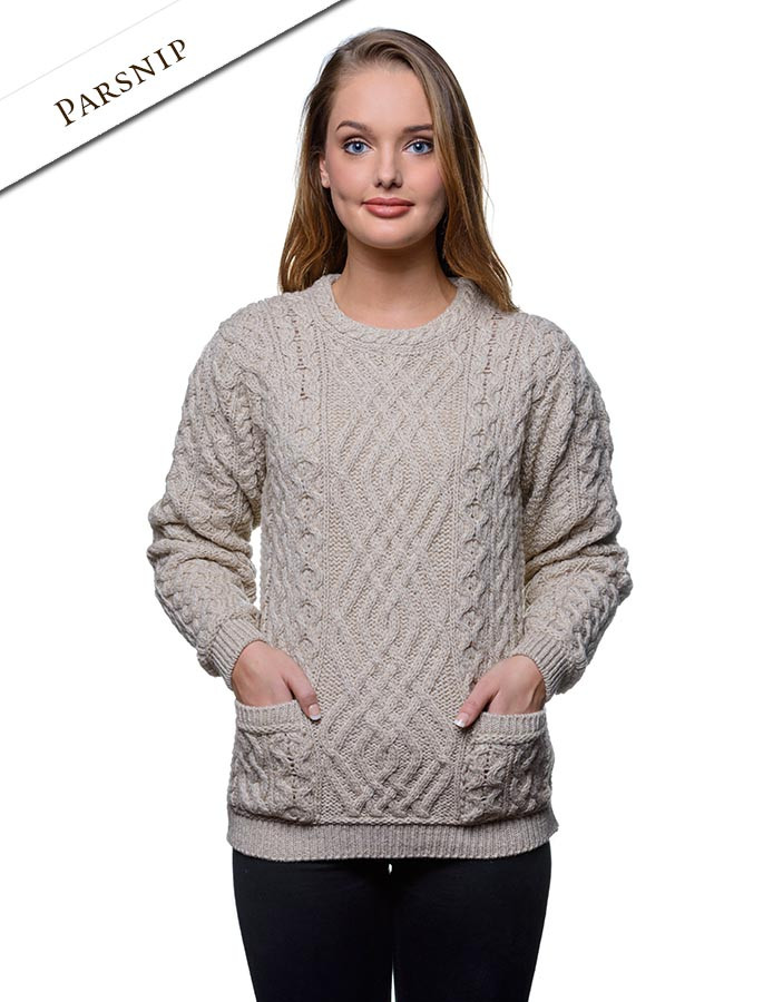 Ladies 100% Irish Merino Wool Cable Crew Sweater with Pockets by