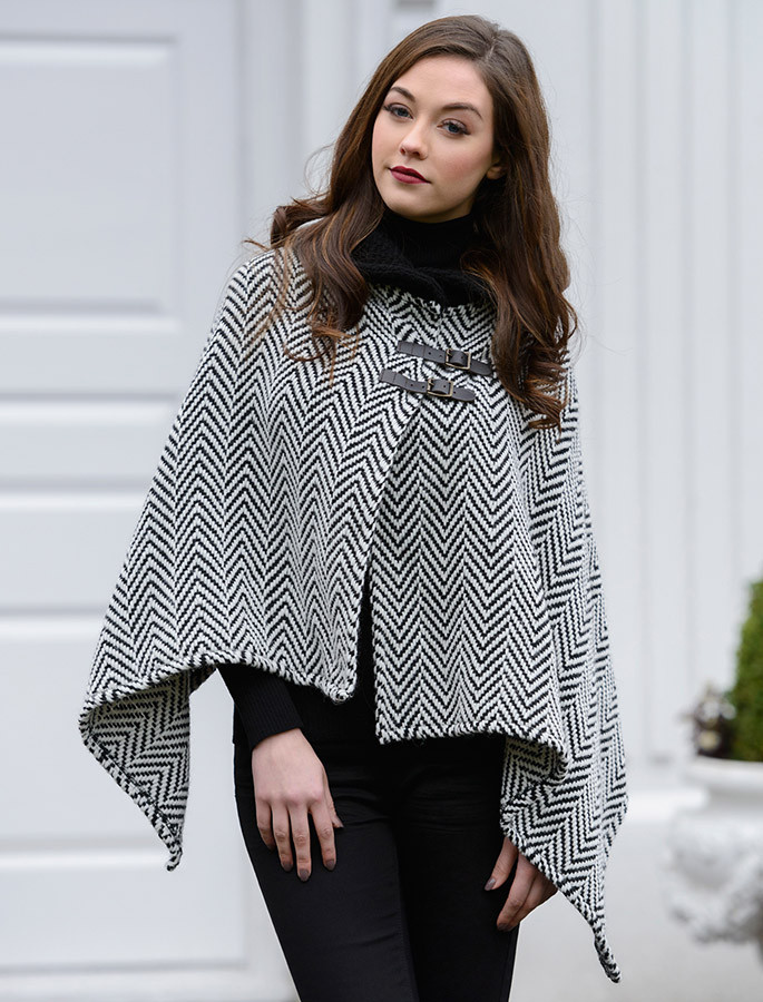 Shawl Collar Herringbone Poncho with Buckle Detail | Aran Sweater