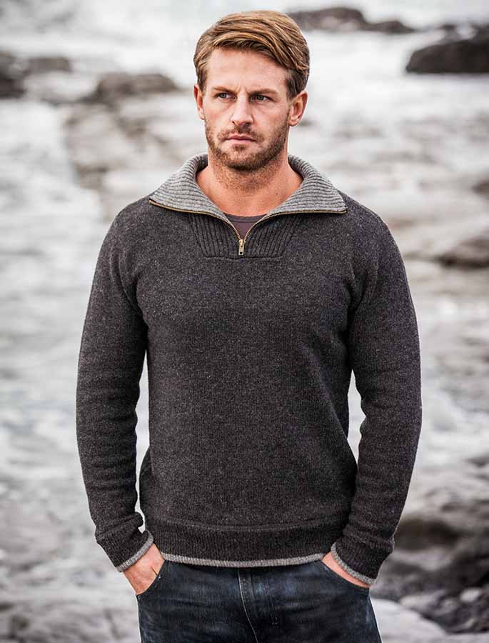 Mens Half Zip Wool Sweater - Charcoal