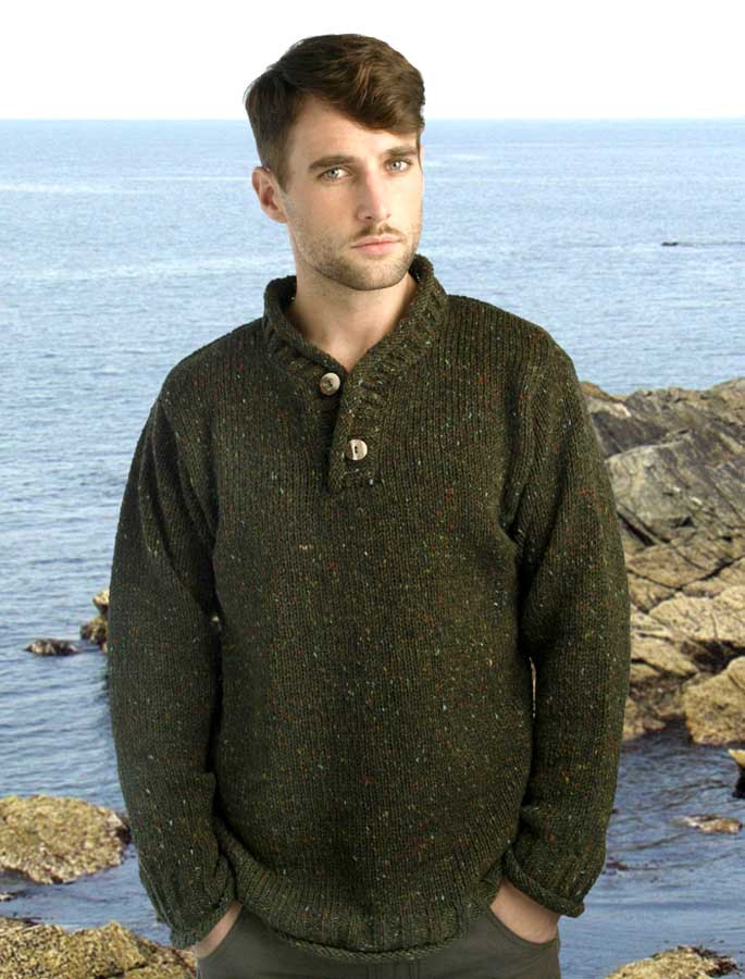 Men's Donegal Tweed 2 Button Sweater - Forest Men's Donegal Tweed 2 Button Sweater - Forest