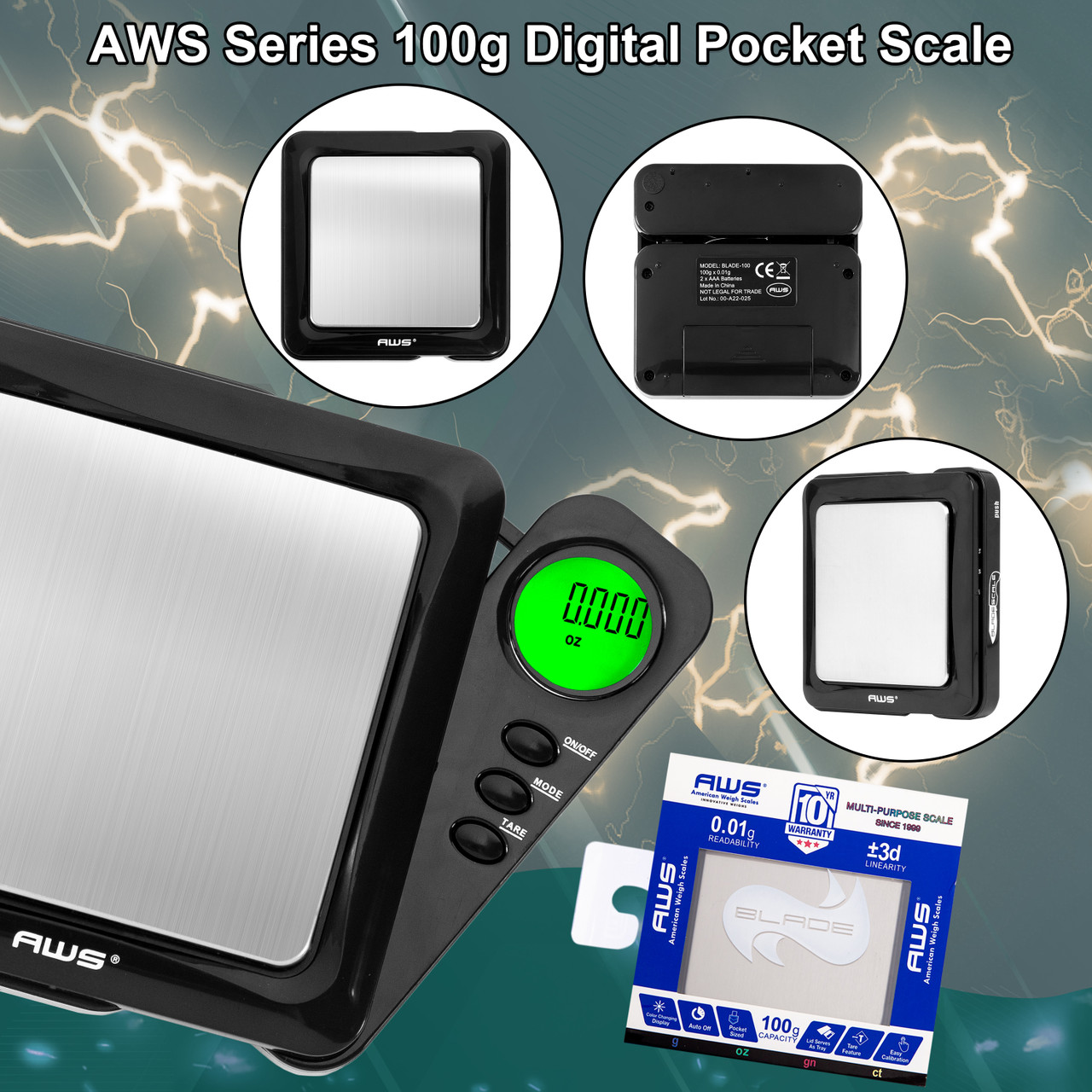 American Weigh Blade Ultraslim SS Pocket Scale, Back-Lit LCD Screen,  Flip-Out BL-1KG Black