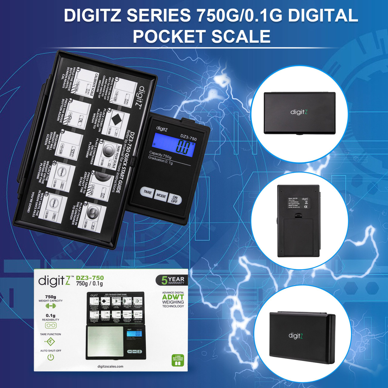 DZ3750g Digital Pocket Scale 750G X 0.1G - American Weigh Scales