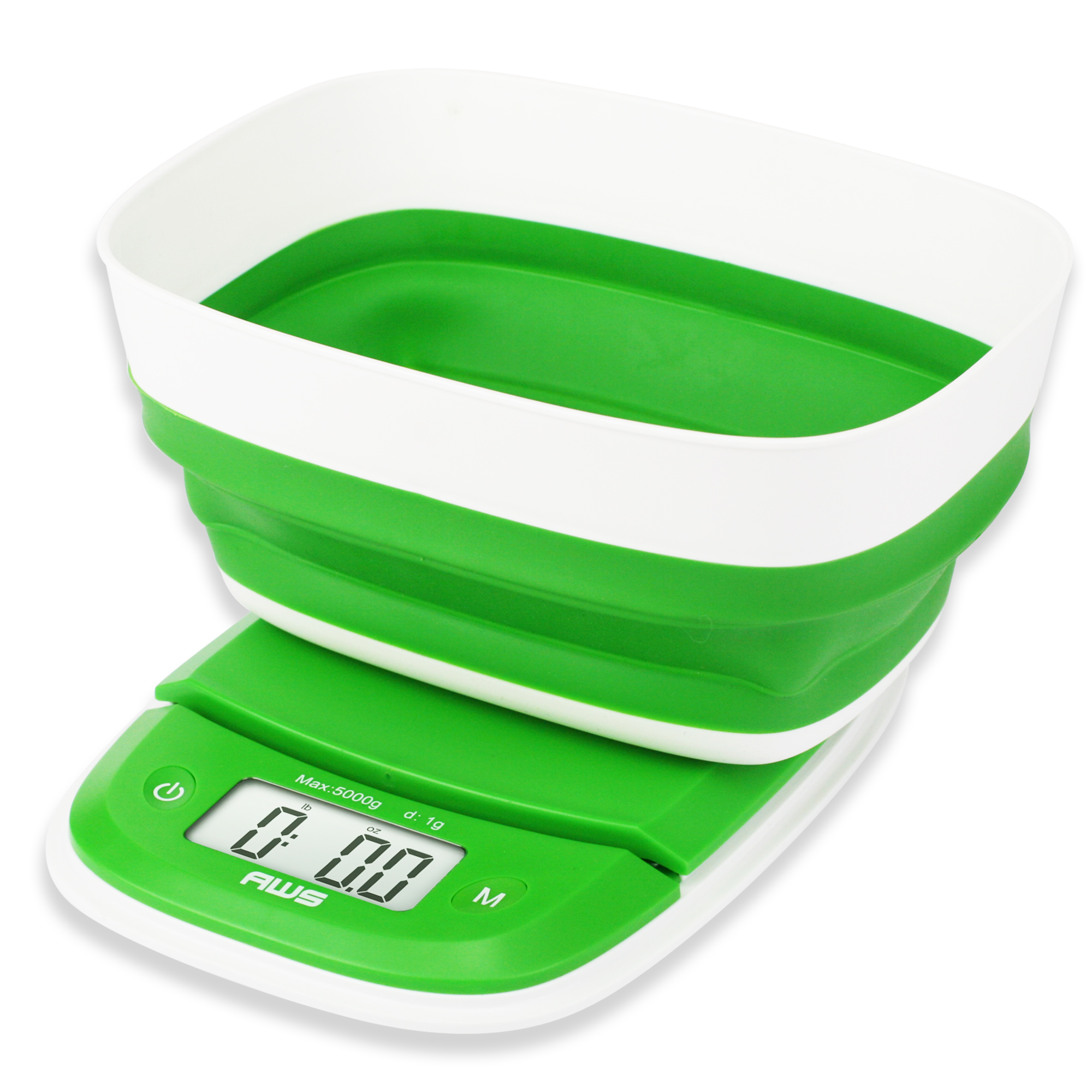 A folding digital kitchen scale that uses kinetic energy to help