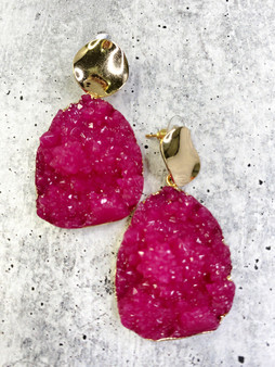 Gold and Druzy Stone Earrings: Pink