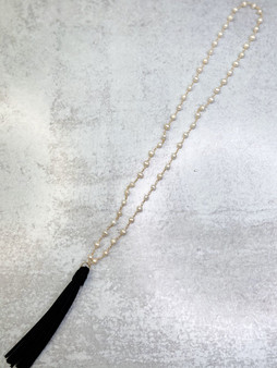 Long Tassel Necklace: Freshwater Pearl Black Suede