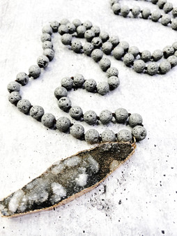 Long Lava Bead and Druzy Necklace: Grey