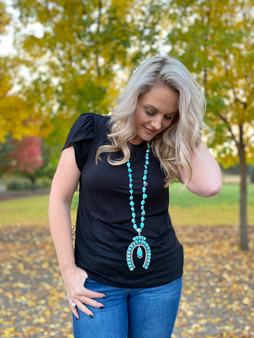 Long Rough Stone Turquoise Horseshoe Pendant Necklace