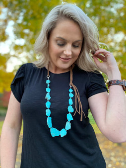 Rough Flat Stone Turquoise and Leather Necklace