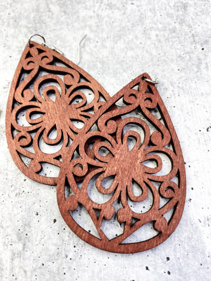 Lightweight Laser Cut Wood Earrings: Cherry