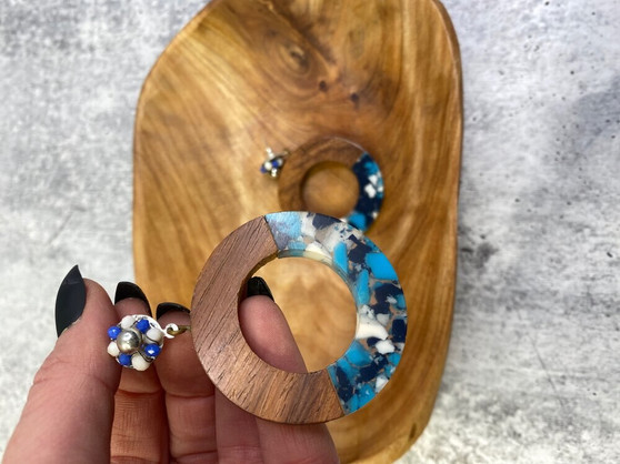 Wood and Acrylic Earring:  Blue