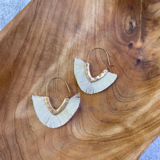 Hammered Gold and Tassel Earring: Cream 