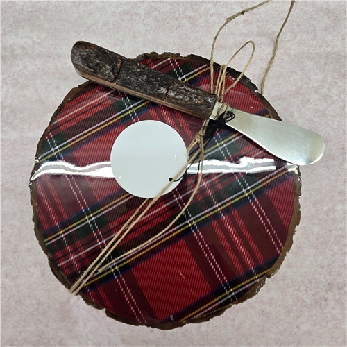 Round Red Plaid Cheeseboard with Spreader
