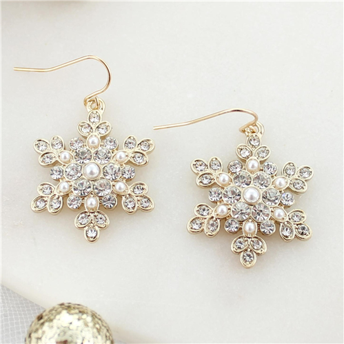 Gold Pearl & Crystal Snowflake Earrings
