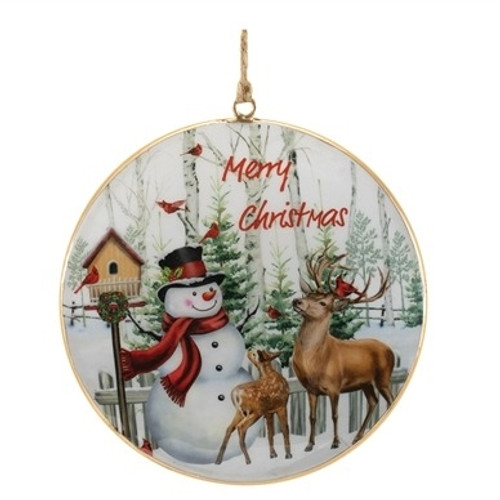 Snowman and Deer Disc Ornament 6”H Iron