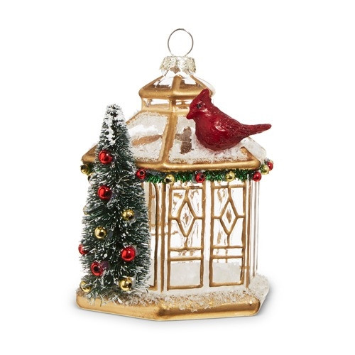 3.75" GOLD PAGODA WITH CARDINAL Glass ORNAMENT 3.75" GOLD PAGODA WITH CARDINAL Glass ORNAMENT