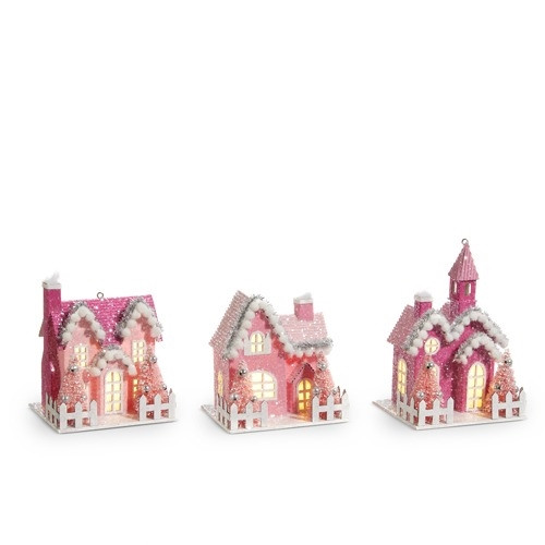 LIGHTED PINK VILLAGE ORNAMENTS LIGHTED PINK VILLAGE ORNAMENTS