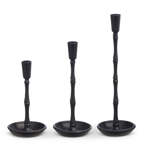 BLACK CANDLE STICKS Set of Three holds Taper Candles BLACK CANDLE STICKS Set of Three holds Taper Candles